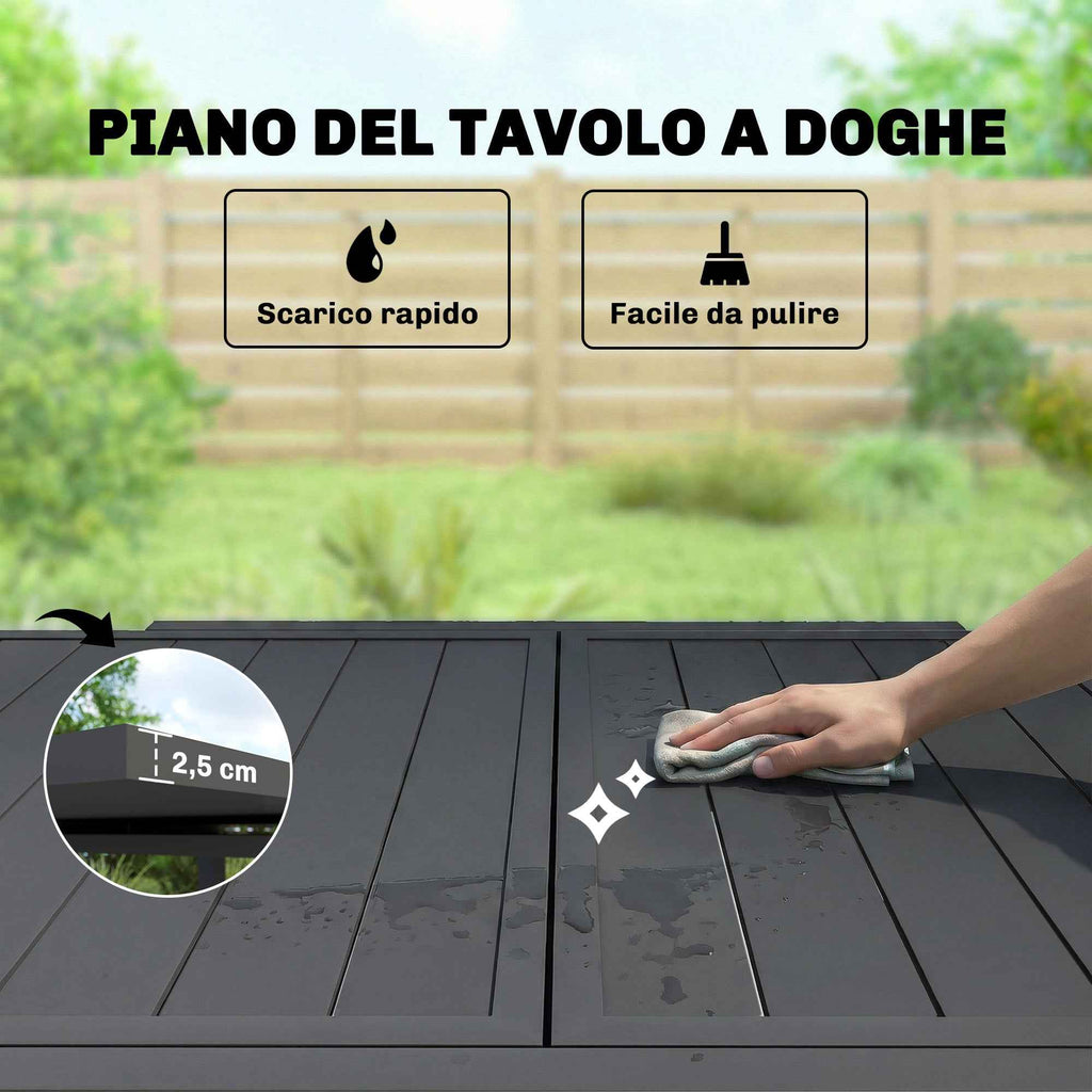 Outsunny Extendable Slatted Garden Table for 4-6 People, Aluminum, 80-160x80x75 cm, Black