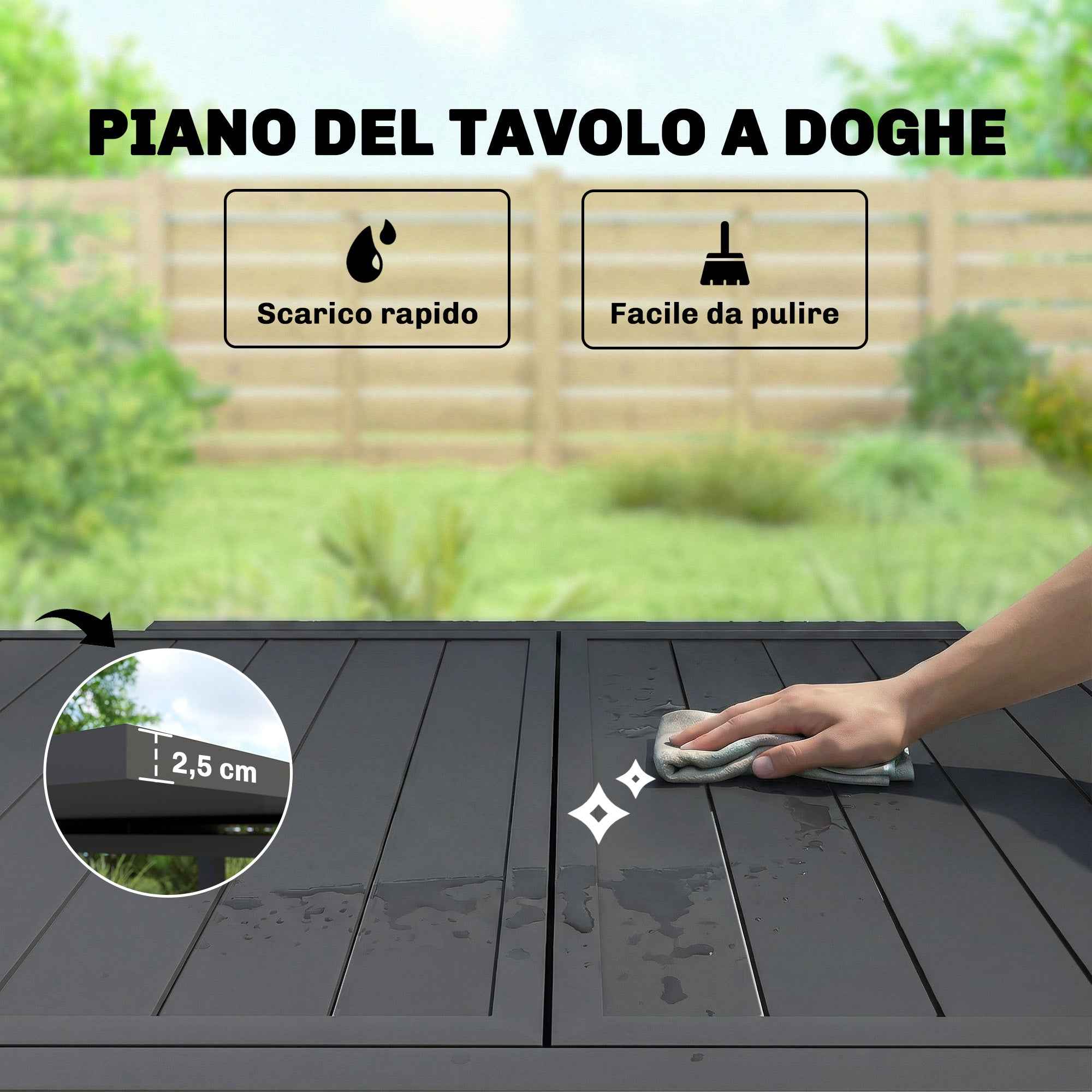 Outsunny Extendable Slatted Garden Table for 4-6 People, Aluminum, 80-160x80x75 cm, Black