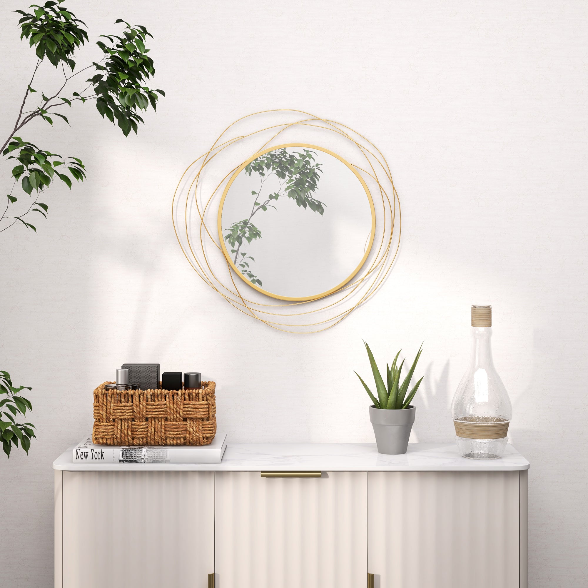 HOMCOM Modern and Round Decorative Wall Mirror with Hooks, in Glass and Metal, Ø65x1 cm, Gold - Borgè