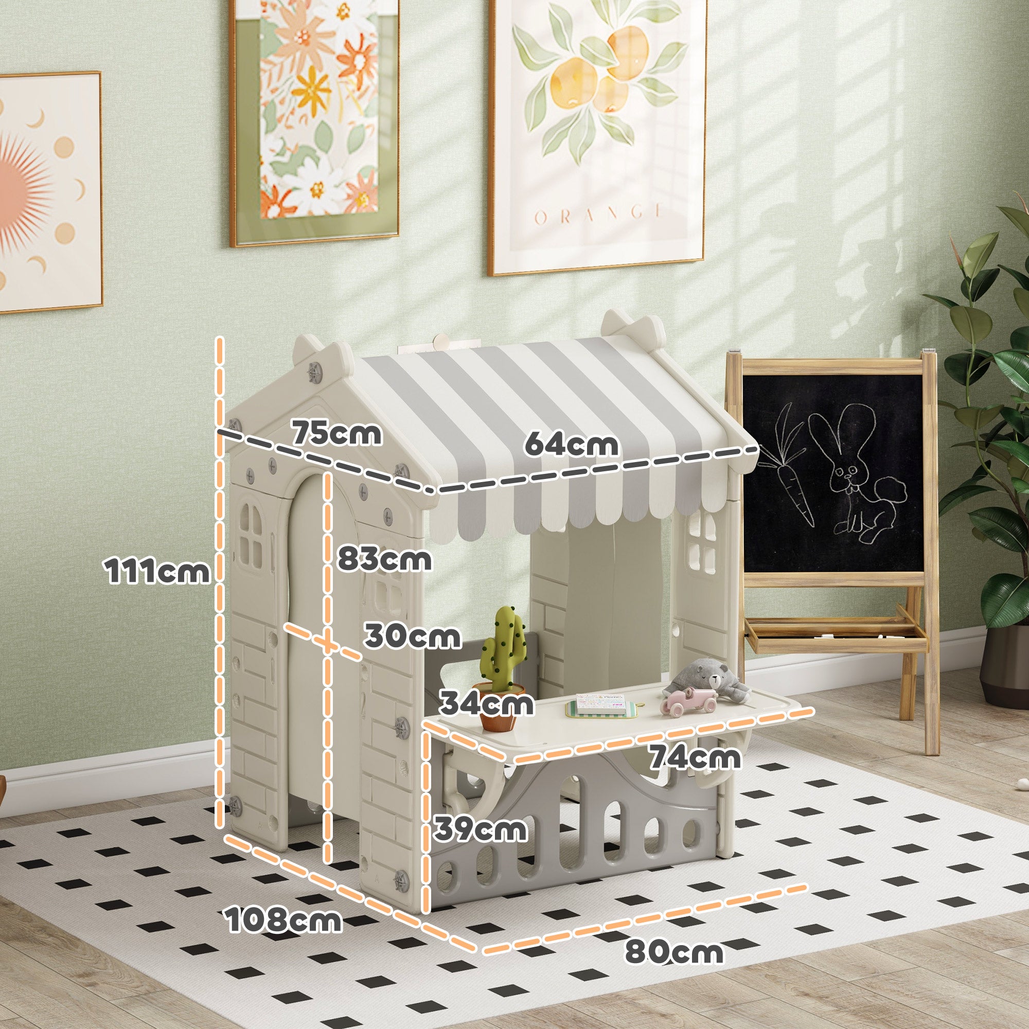 Indoor Playhouse for Children 1-6 Years with Doors, Windows and Shop Counter, Cream