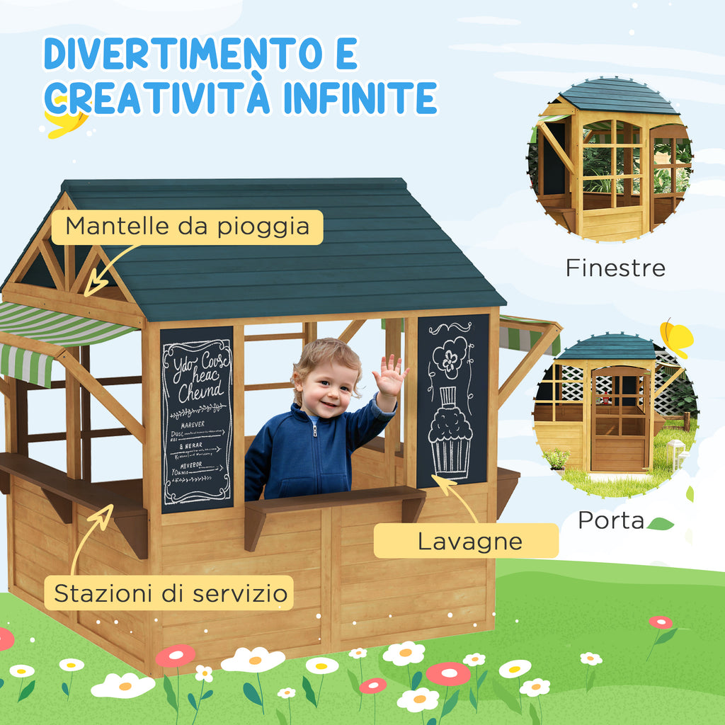 Playhouse for Children 3-8 Years with 5 Windows and 2 Blackboards, in Fir Wood, 173x117x144 cm, Brown and Blue