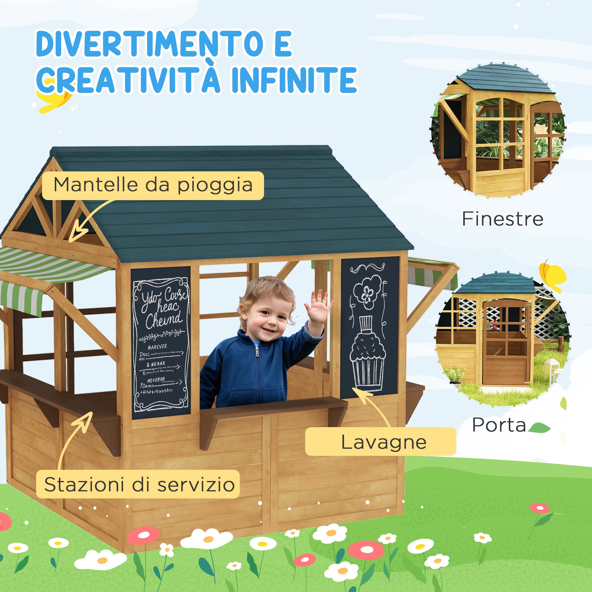 Playhouse for Children 3-8 Years with 5 Windows and 2 Blackboards, in Fir Wood, 173x117x144 cm, Brown and Blue