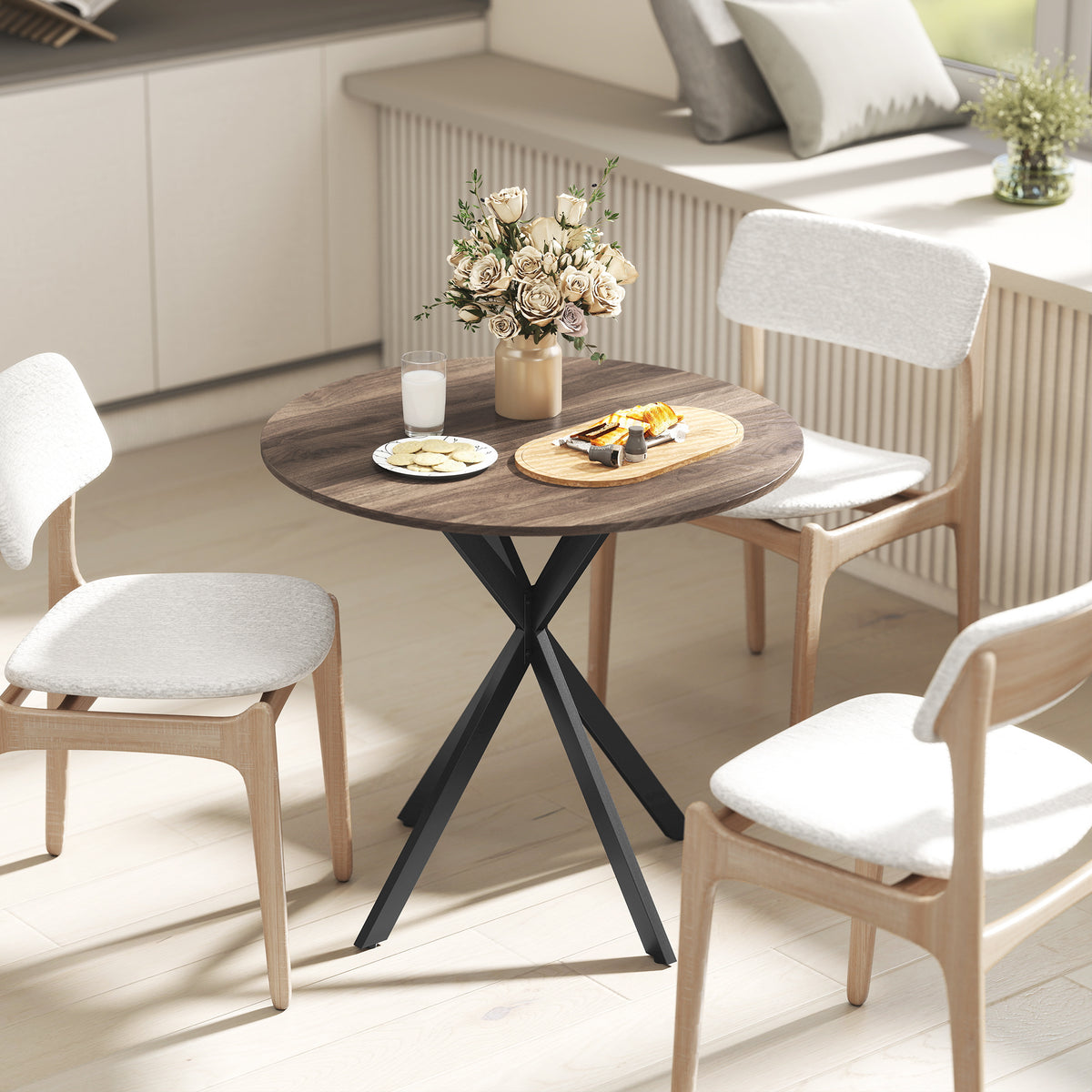 HOMCOM Industrial Style Round Dining Table with Steel Cross Legs, Ø80x75 cm, Brown