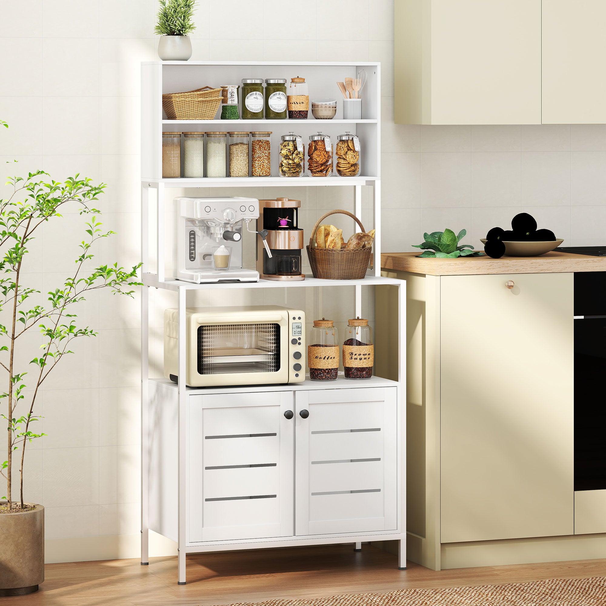 Mobile Pantry with Shelves, Cabinets and 2 Charging Sockets, in Wood and Steel, 80x42x171 cm, White