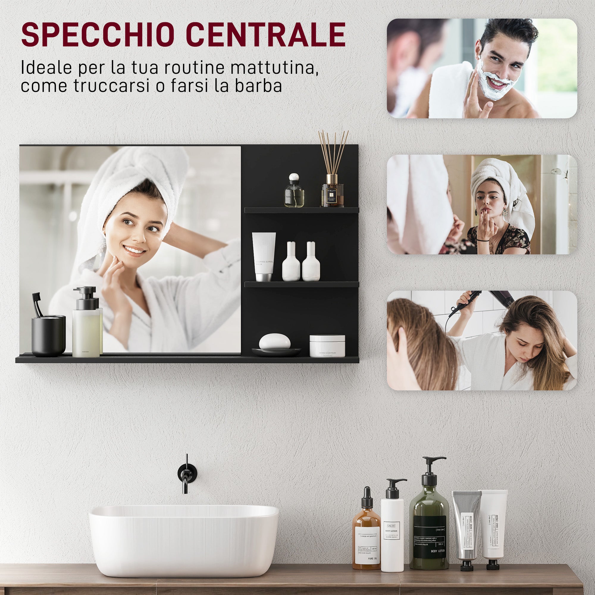 Modern Bathroom Mirror with 2 Side Shelves and Bottom Shelf, in Wood and Glass, 75x10x48 cm, Black