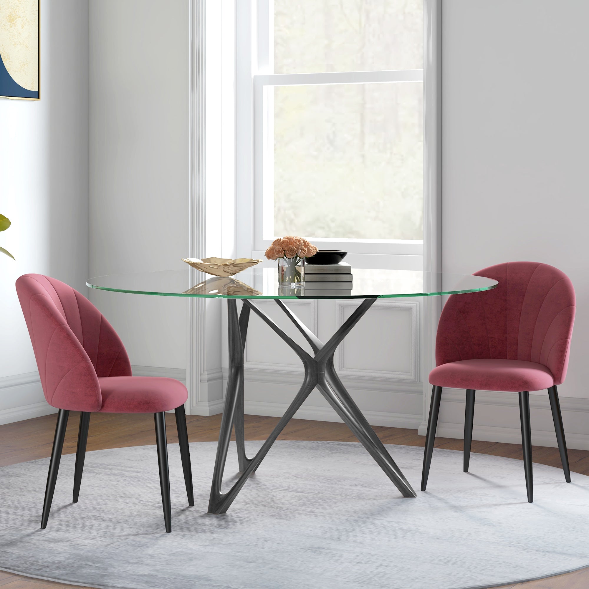 Set of 2 Nordic stye Velvet Dining Chairs with Metal Legs, Red