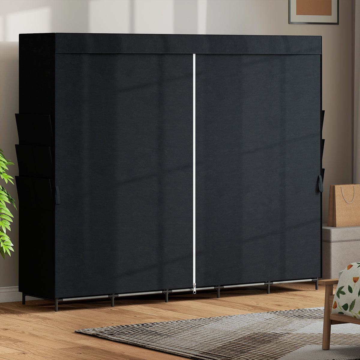 HOMCOM Space-Saving Fabric Wardrobe with 5 Rods, 5 Shelves, 6 Side Pockets, Dustproof Doors with Zip, Black