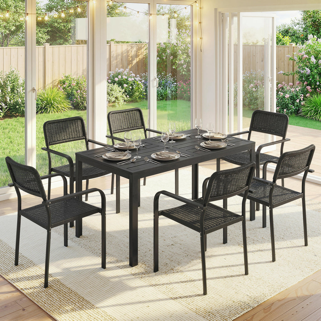 Outsunny Outdoor Dining Set, Table with Umbrella Hole and 6 Chairs, Black