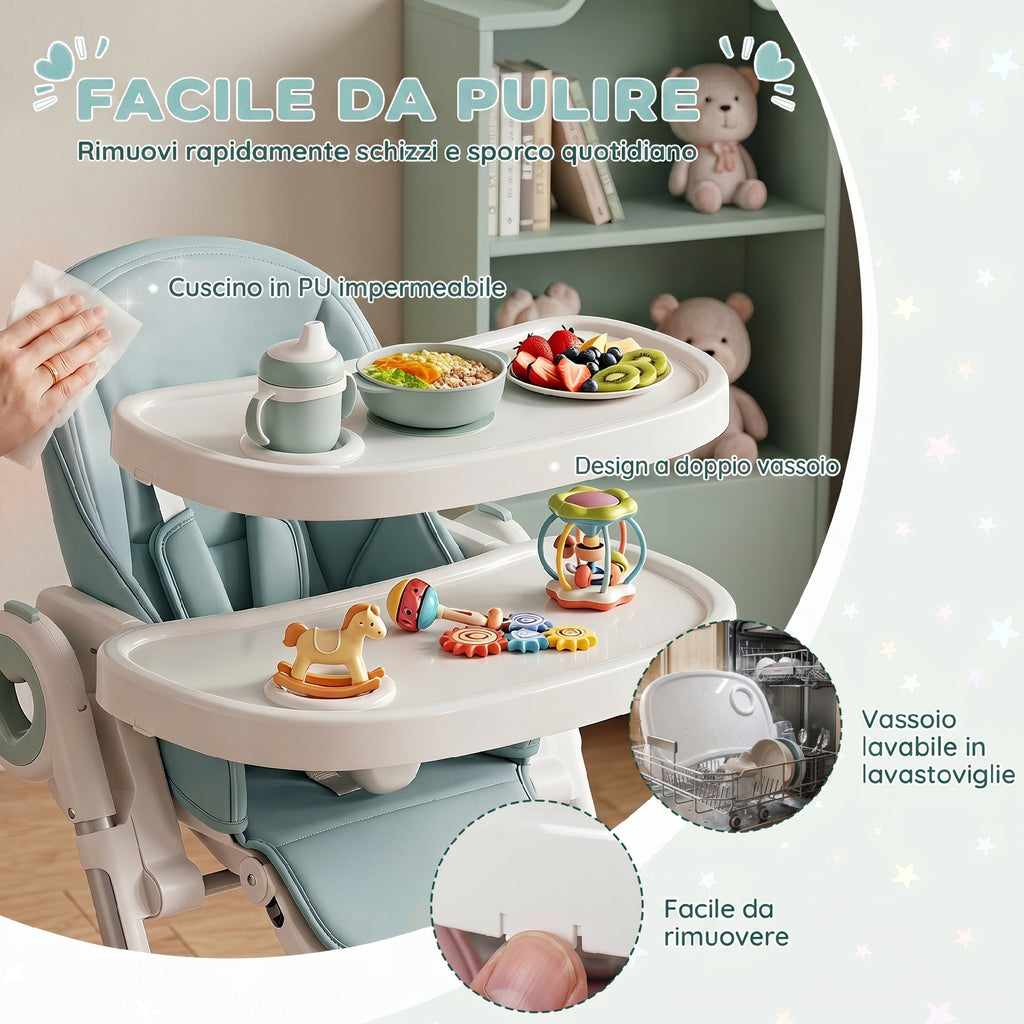 AIYAPLAY Folding High Chair for Babies 6-36 Months, Adjustable Height, Double Washable Tray and Wheels, Green
