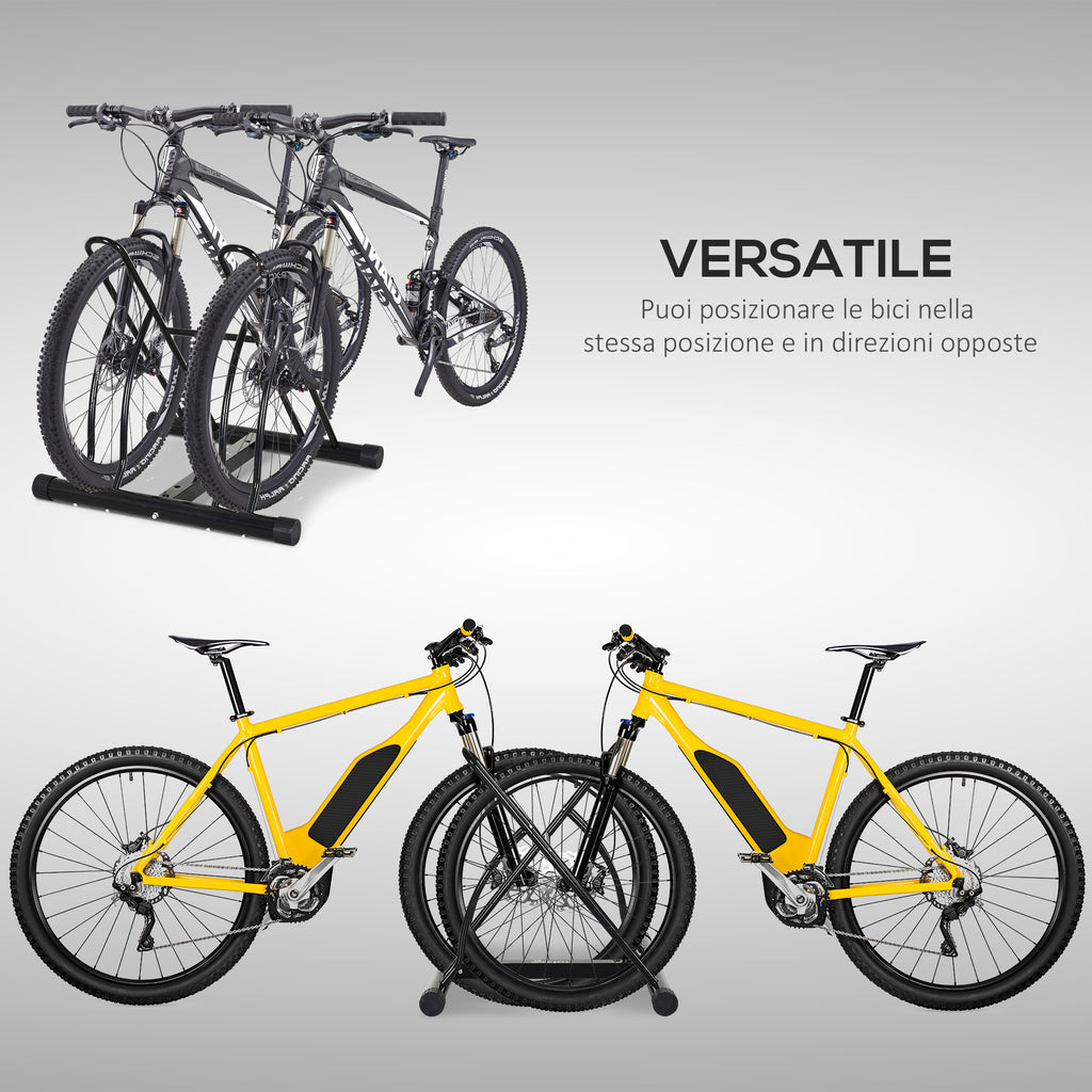 Floor-Standing Bike Rack for 2 Bikes with Tires up to 6.5 cm, Black Steel Swivel Frame, 60x54x57cm