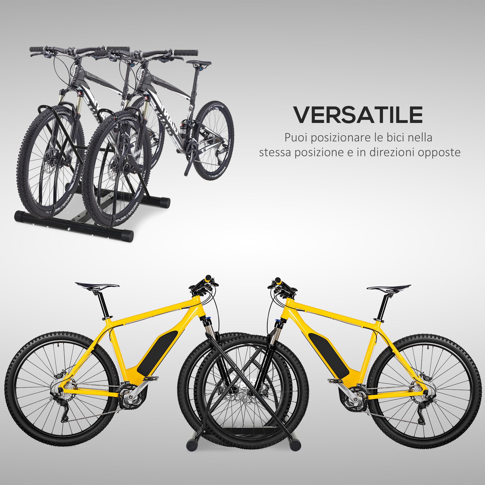 Floor-Standing Bike Rack for 2 Bikes with Tires up to 6.5 cm, Black Steel Swivel Frame, 60x54x57cm