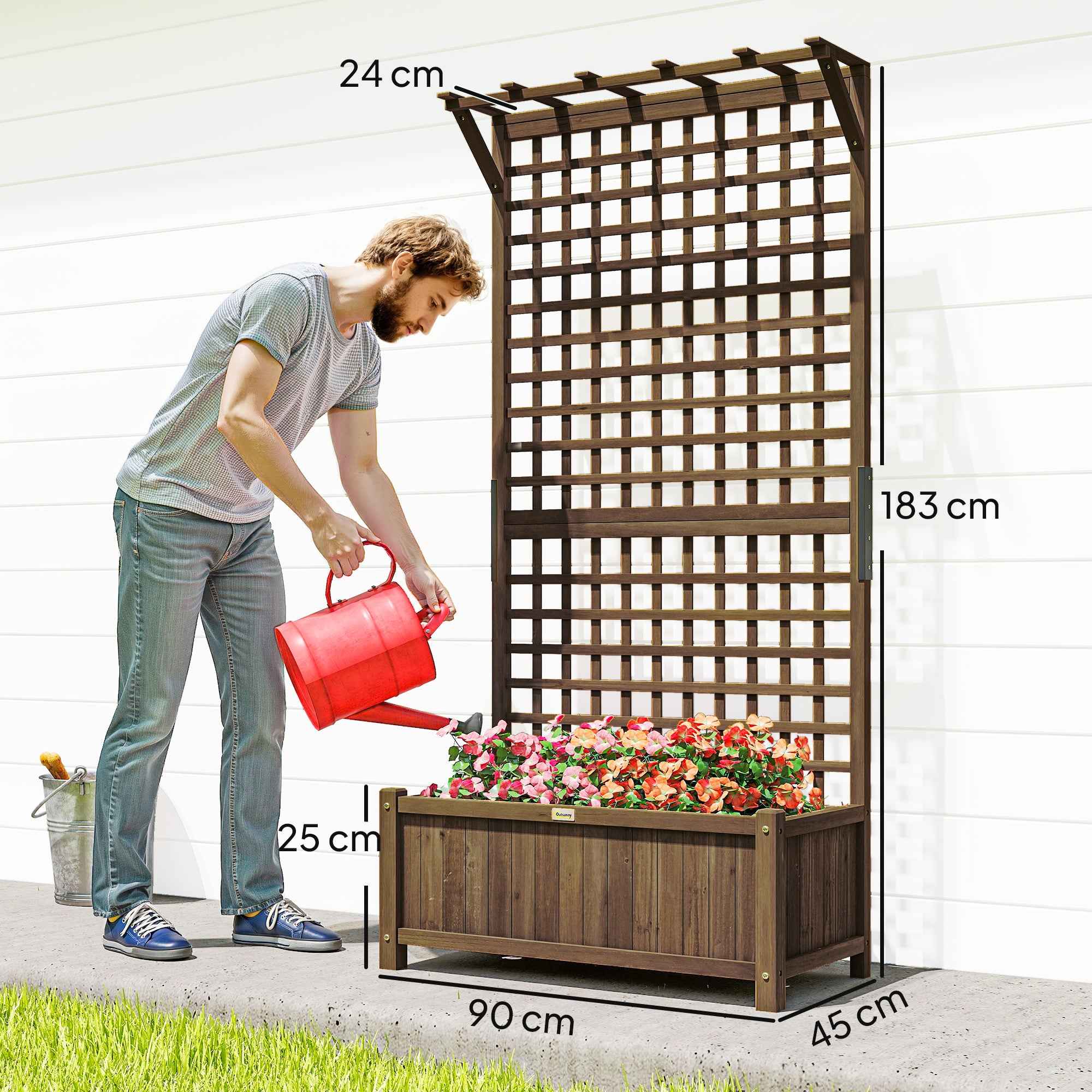 Outsunny Garden Planter with Trellis for Climbing Plants in Fir Wood, 90x45x183 cm, Brown