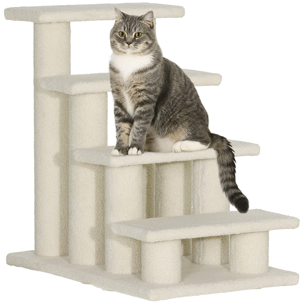 4-Step Plush Dog and Cat Ladder, Non-Slip Pet Steps for Cats and Dogs, Puppy Steps for Bed and Sofa, 61x41x60cm Cream