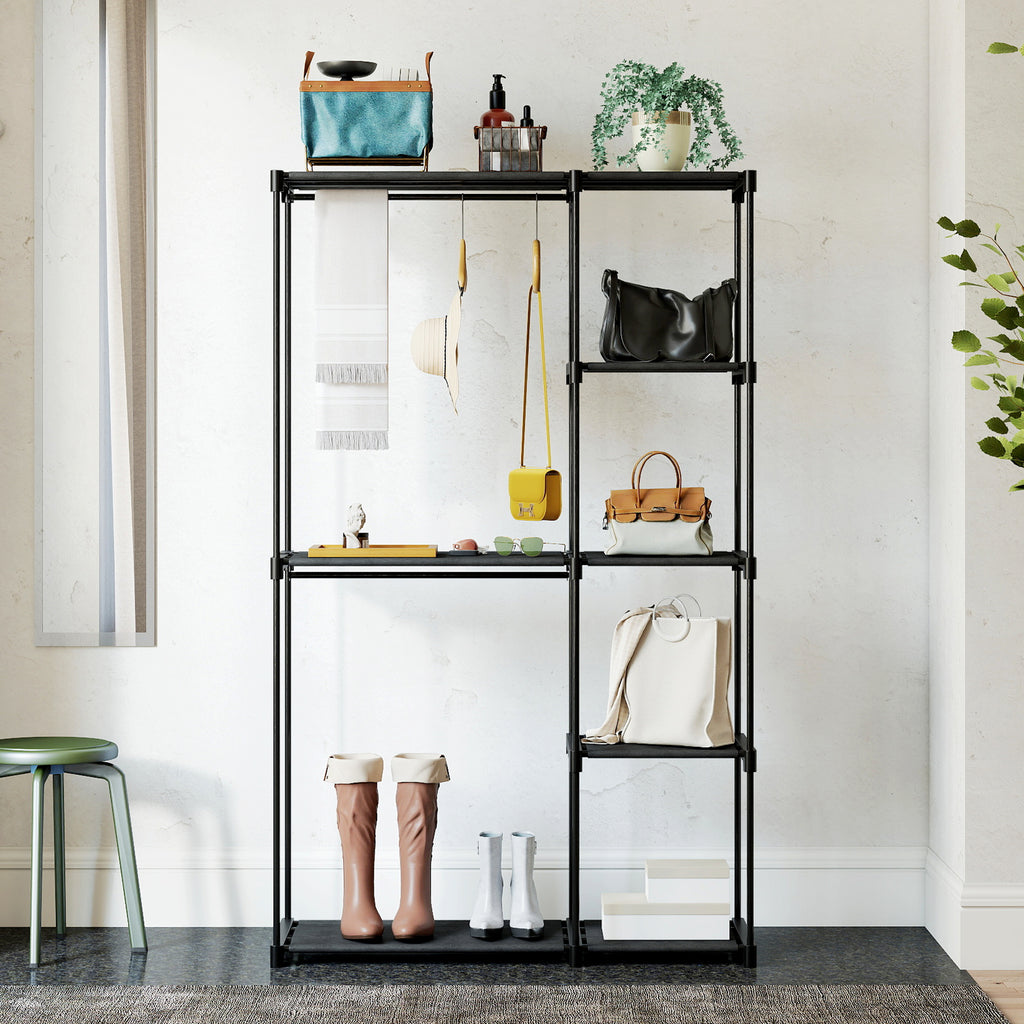 Portable Wardrobe with 2 Rods and 6 Shelves, in Non-Woven Fabric, Plastic and Steel, 111x43x185 cm, Black