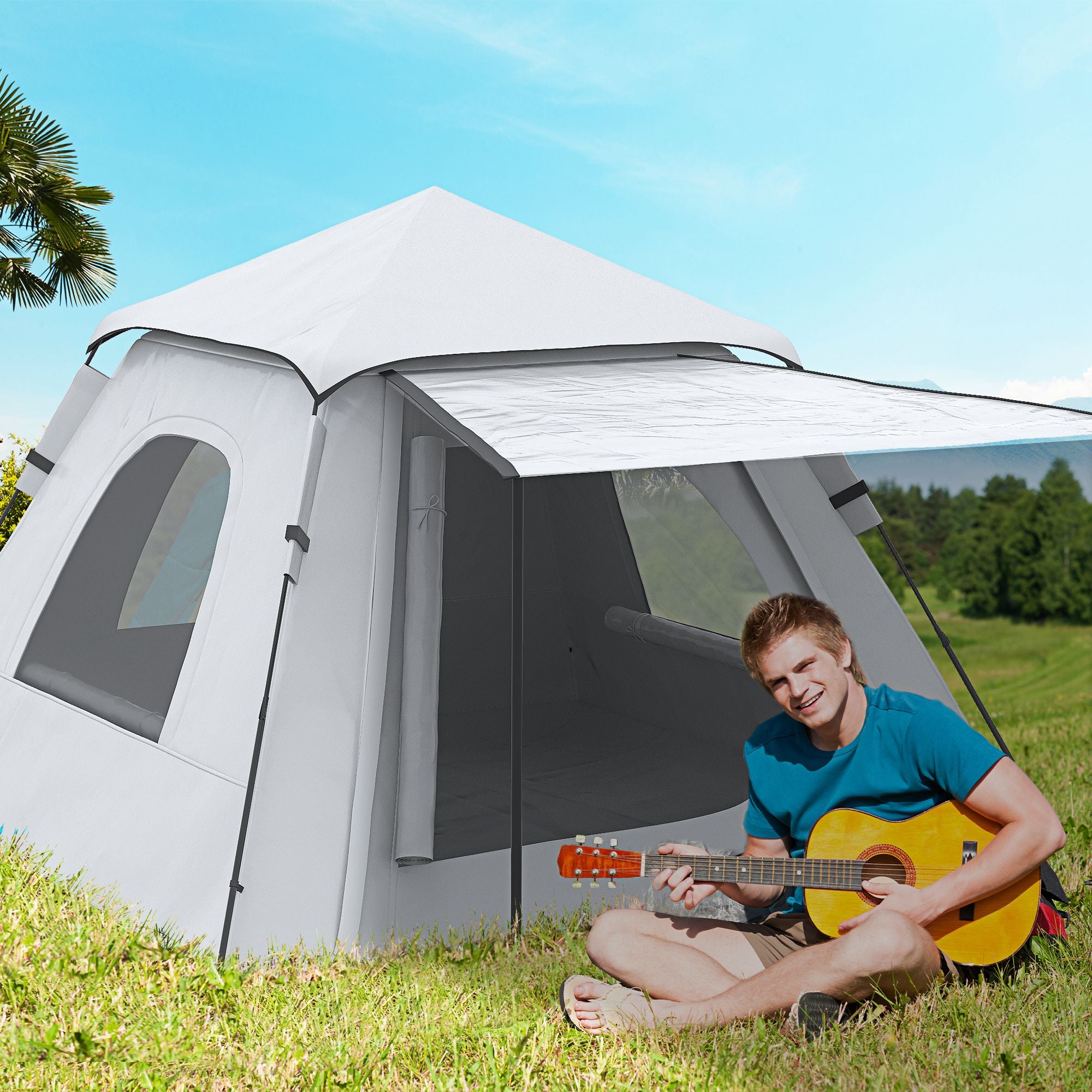 2-3 Person Camping Tent with Veranda, 210x210x150cm, Grey and White