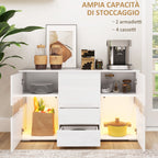Modern Sideboard with LED Adjustable with Remote Control, 4 Drawers and 2 Cabinets, 120x34x70 cm, White