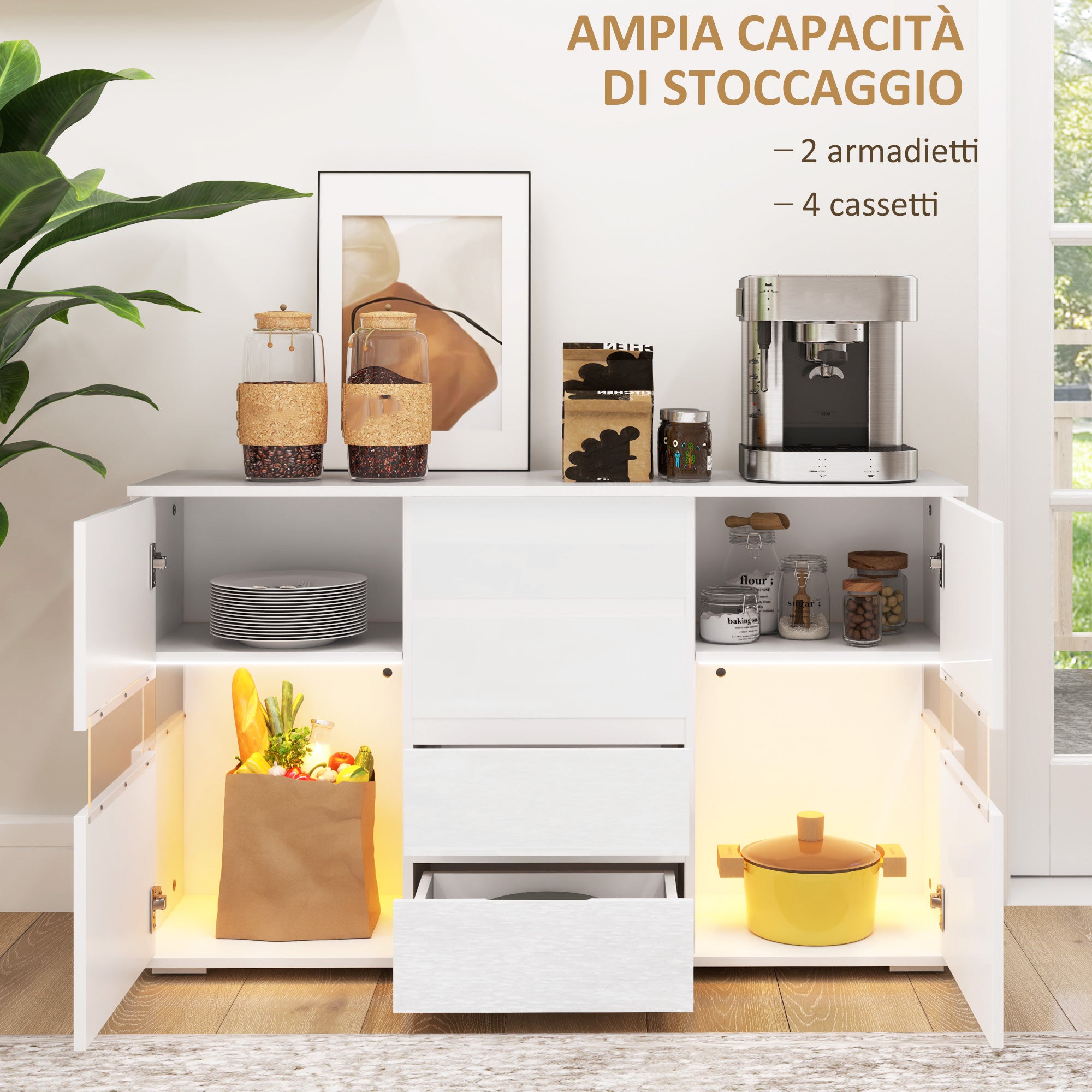 Modern Sideboard with LED Adjustable with Remote Control, 4 Drawers and 2 Cabinets, 120x34x70 cm, White