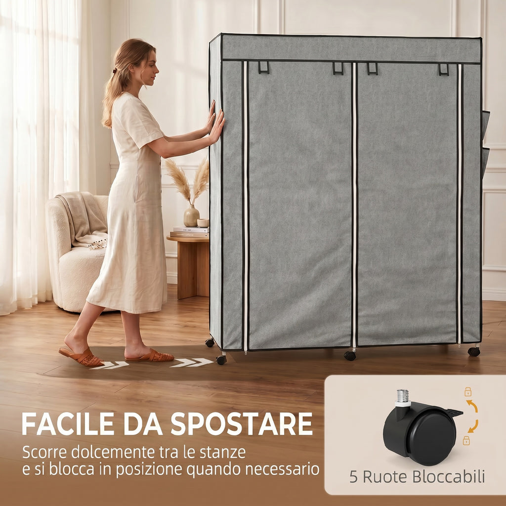 HOMCOM Portable Non-Woven Fabric and Steel Wardrobe with Wheels, 10 Compartments and 2 Hanging Rails, Dark Grey
