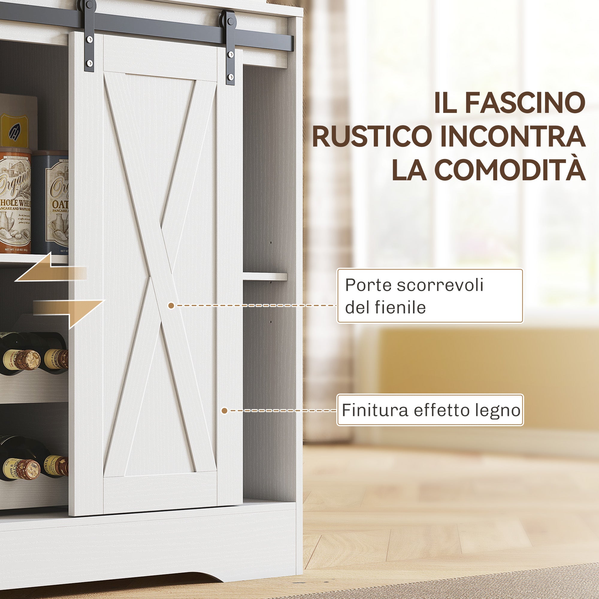 Kitchen Sideboard with Power Sockets, LED Light, Bottle Rack and Sliding Doors, 100x38x180 cm, White