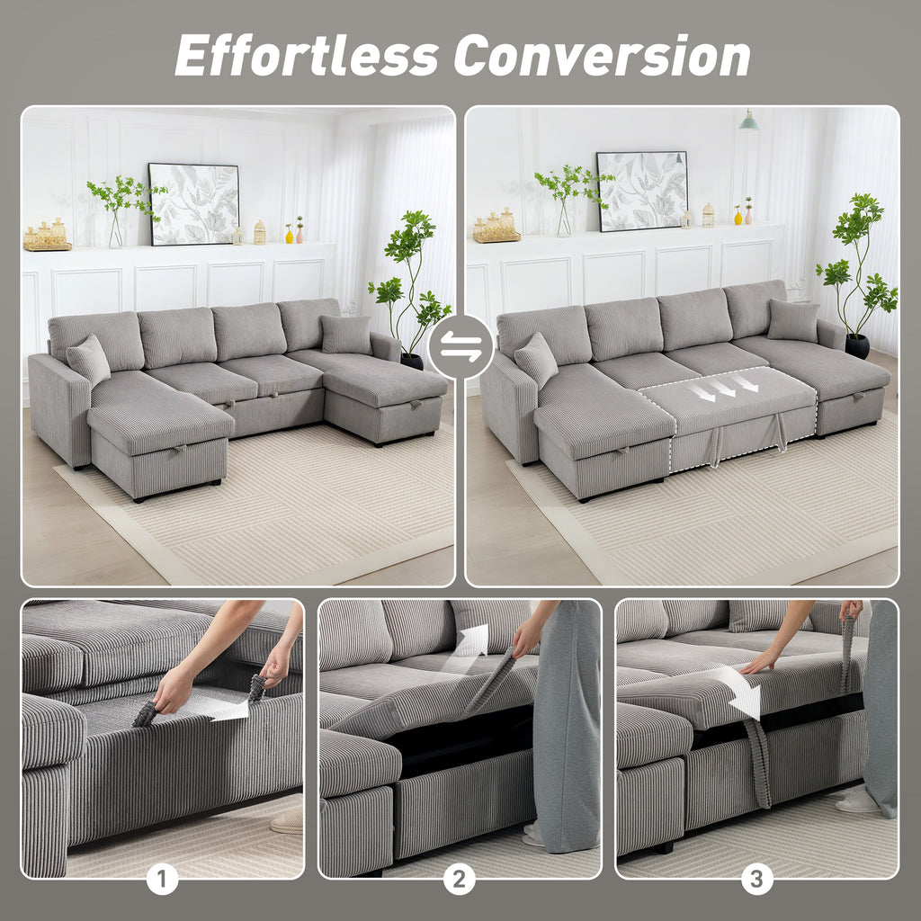 Modern U-Shaped Sofa Bed with 2 Chaise Longues and Storage Compartments, Corduroy, 282x140x86 cm, Grey