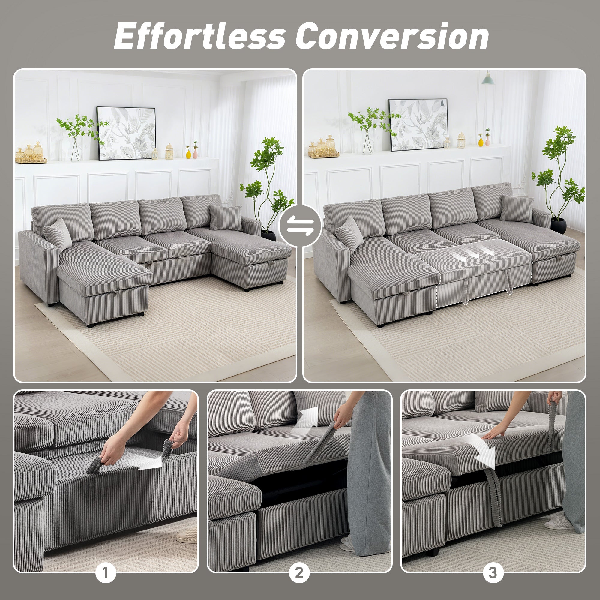 Modern U-Shaped Sofa Bed with 2 Chaise Longues and Storage Compartments, Corduroy, 282x140x86 cm, Grey