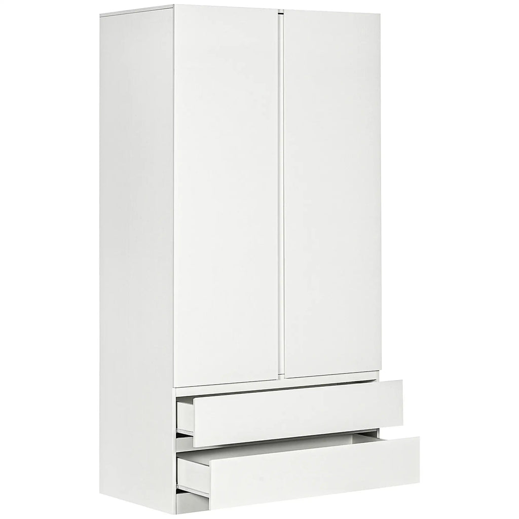 White Chipboard Wardrobe with Hanging Rail and 2 Sliding Drawers for Bedroom, 100x60x200 cm