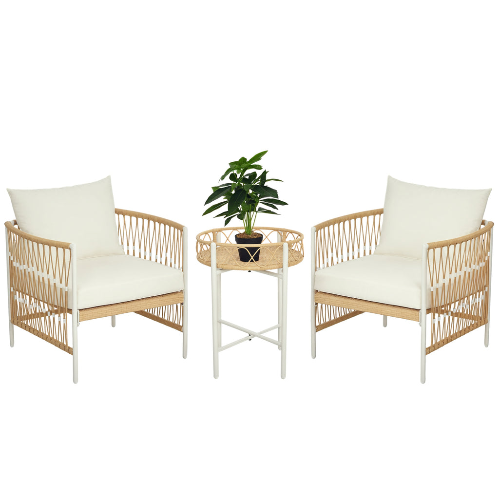 Outsunny Boho Rattan Garden Set with 2 Chairs with Cushions and Round Coffee Table, Yellow