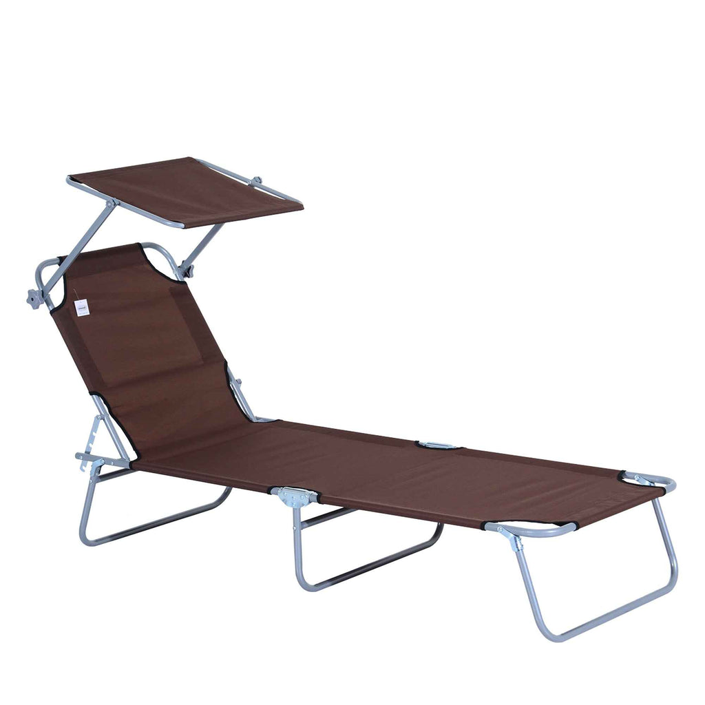 Outsunny Outdoor Lounger, Folding and Adjustable Outdoor Deck Chair with Brown Fabric Canopy, 187x58x36cm