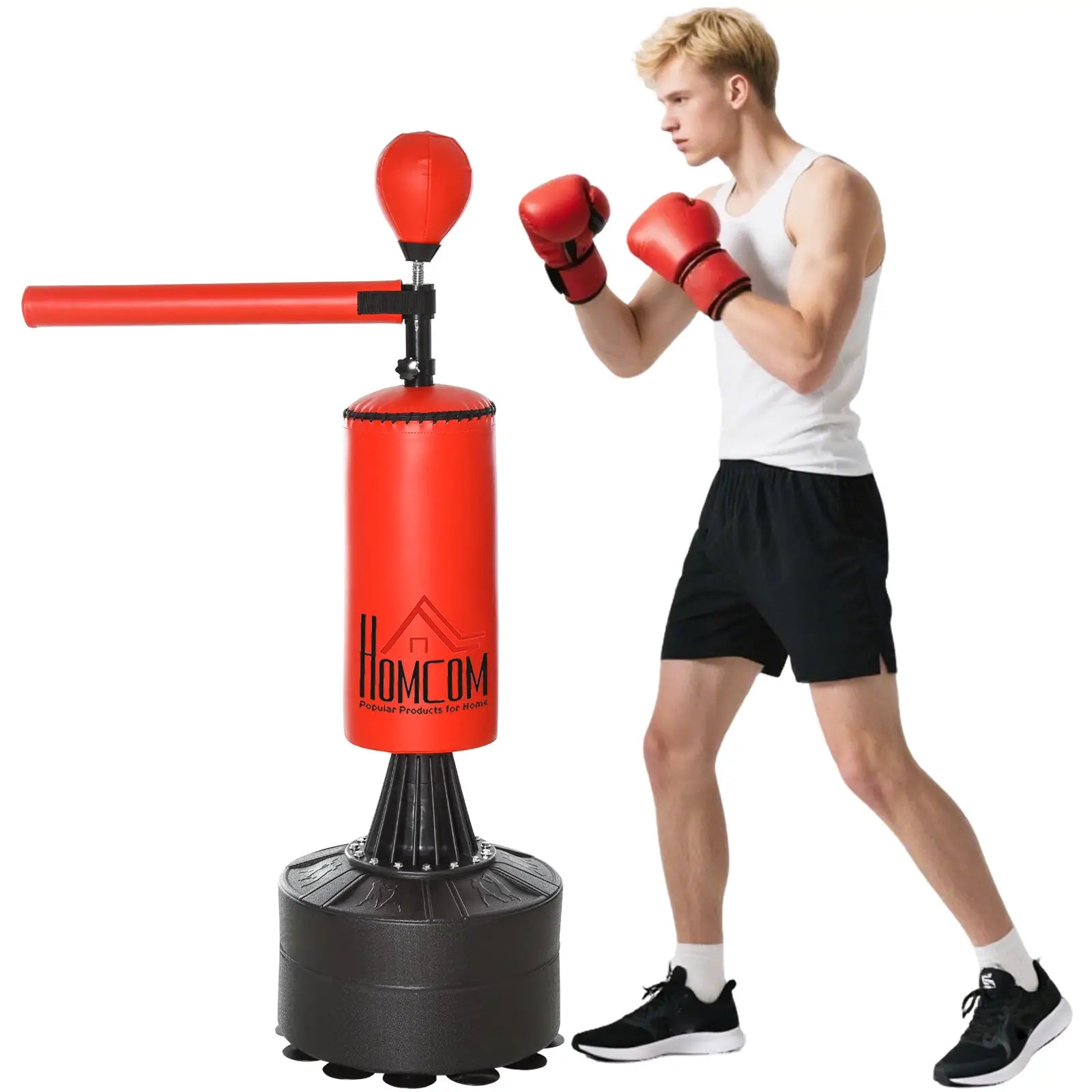 Height Adjustable Punching Bag with Punching Ball and Fillable Base, 88x48x155-205 cm, Red and Black