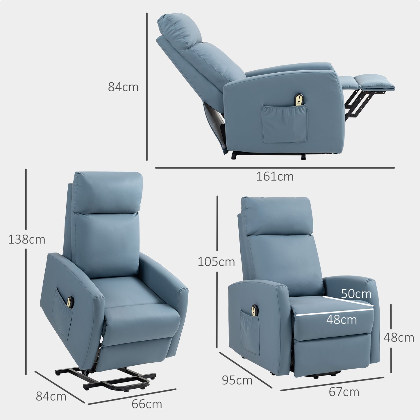 145° Reclining Lift Chair with Remote Control and Footrest, PU Leather Blue, 67x95x105 cm