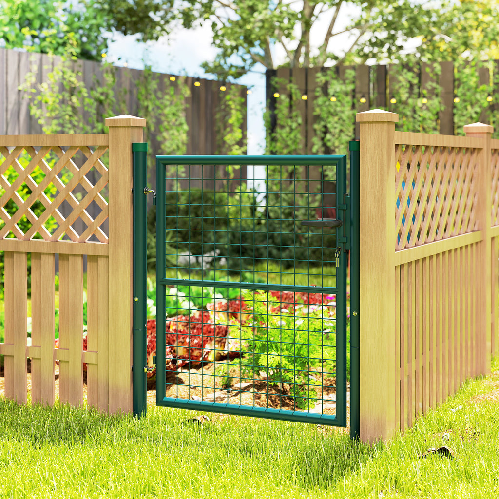 Outsunny Steel Garden Gate 97x150 cm, Garden Gate with Lock, 3 Keys, Handle and 2 Posts