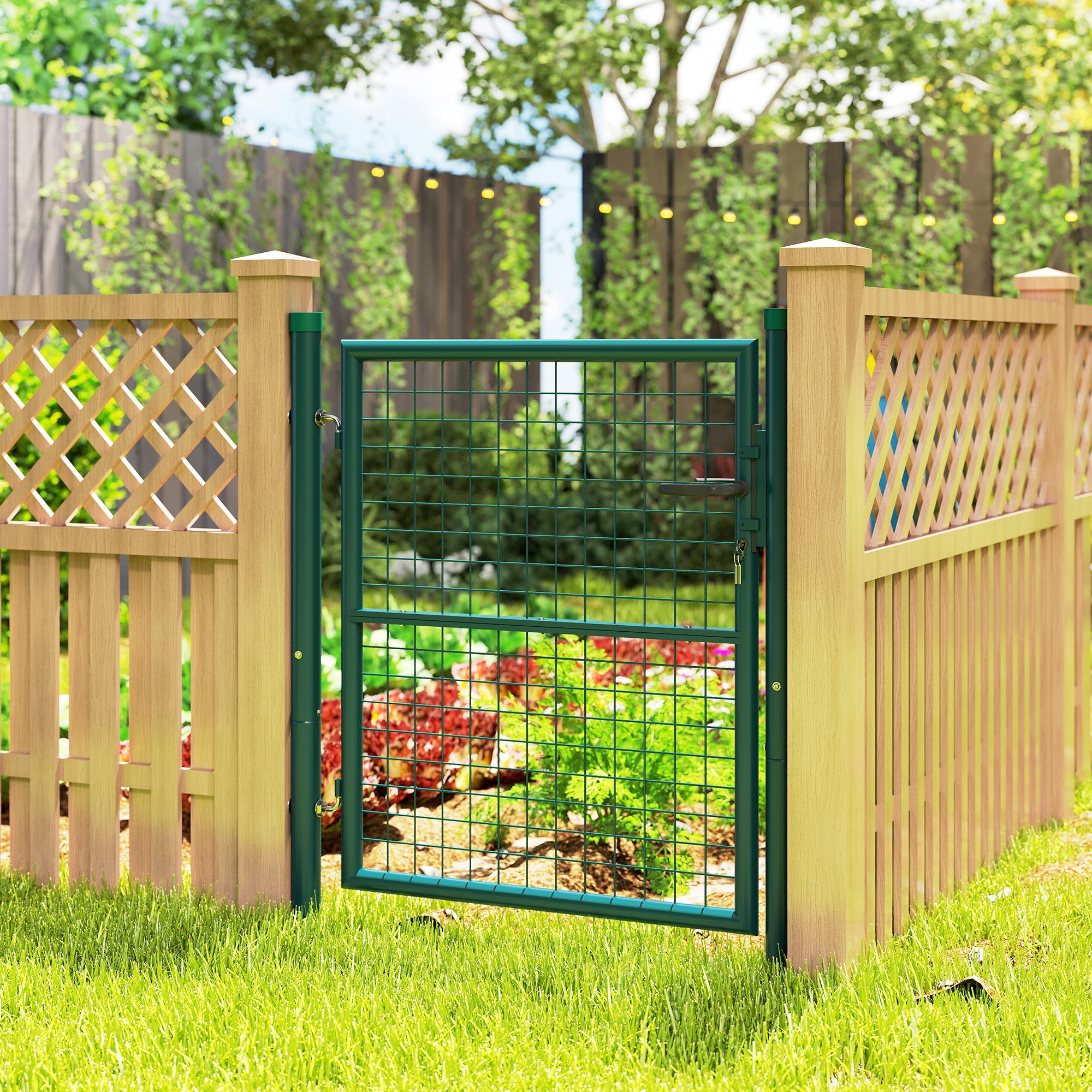 Outsunny Steel Garden Gate 97x150 cm, Garden Gate with Lock, 3 Keys, Handle and 2 Posts