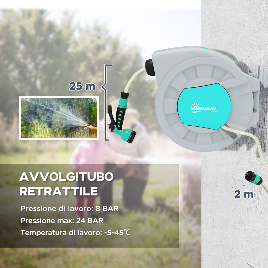 Automatic Wall Mounted and Portable Hose Reel Length 25+2 m, Locking System and 7 Jets, Grey