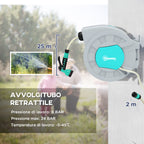 Automatic Wall Mounted and Portable Hose Reel Length 25+2 m, Locking System and 7 Jets, Grey