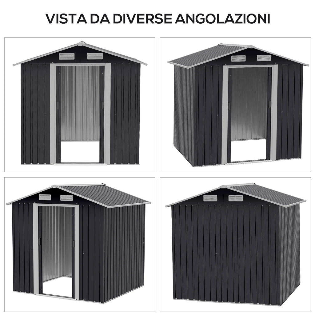 Galvanized Steel Garden Shed, Double Sliding Door and 4 Vents 2x1.5x1.9m - Borge' Group Limited