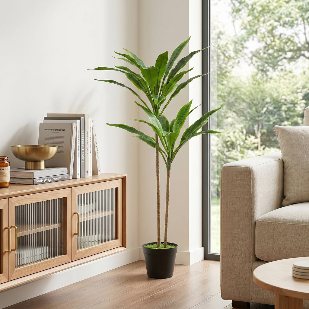 HOMCOM Artificial Cordylinea Plant with 29 PEVA Leaves, Black Pot Filled with Moss Effect Cement, Green