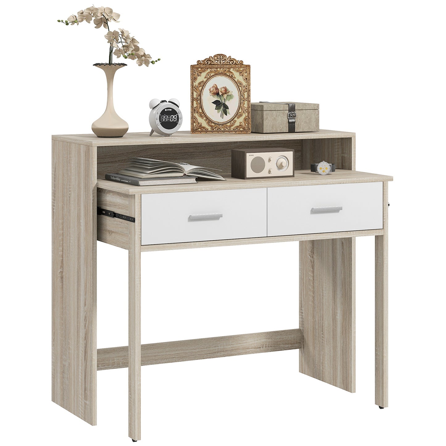 Console Table with Pull-Out Top and 2 Wooden Drawers, 95x35x87cm, Oak