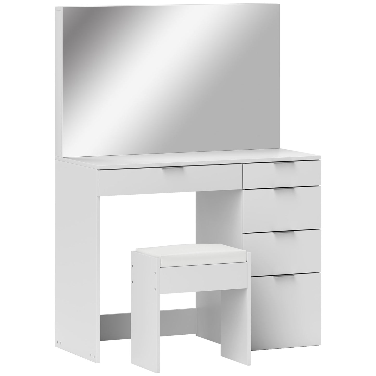 Dressing Table Set with Mirror and 5 Drawers 97.2x44. 5x136. 5 cm and Padded Stool 40x24x46 cm, White