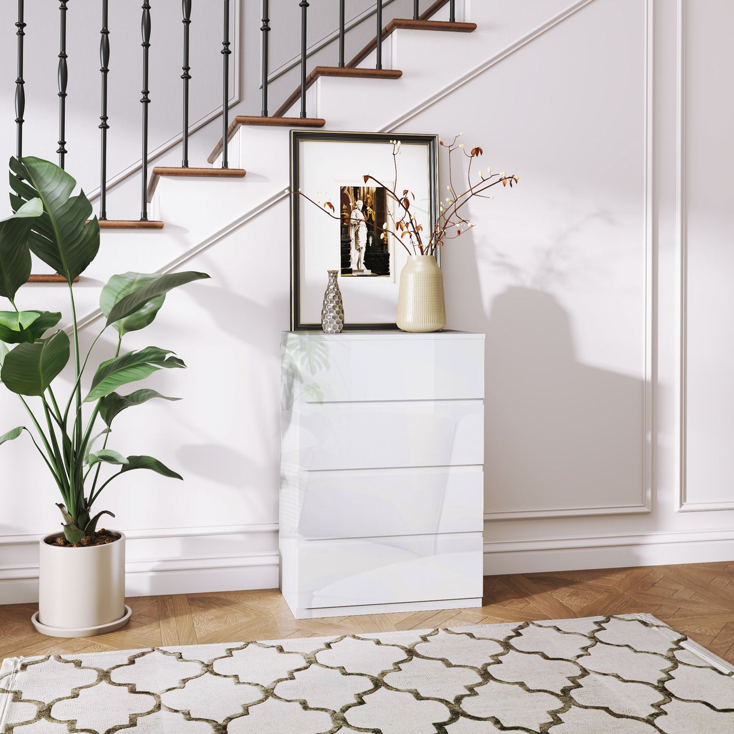 Modern Chest of Drawers 4 Anti-Tip Wooden Drawers, 55x33x80 cm, Glossy White