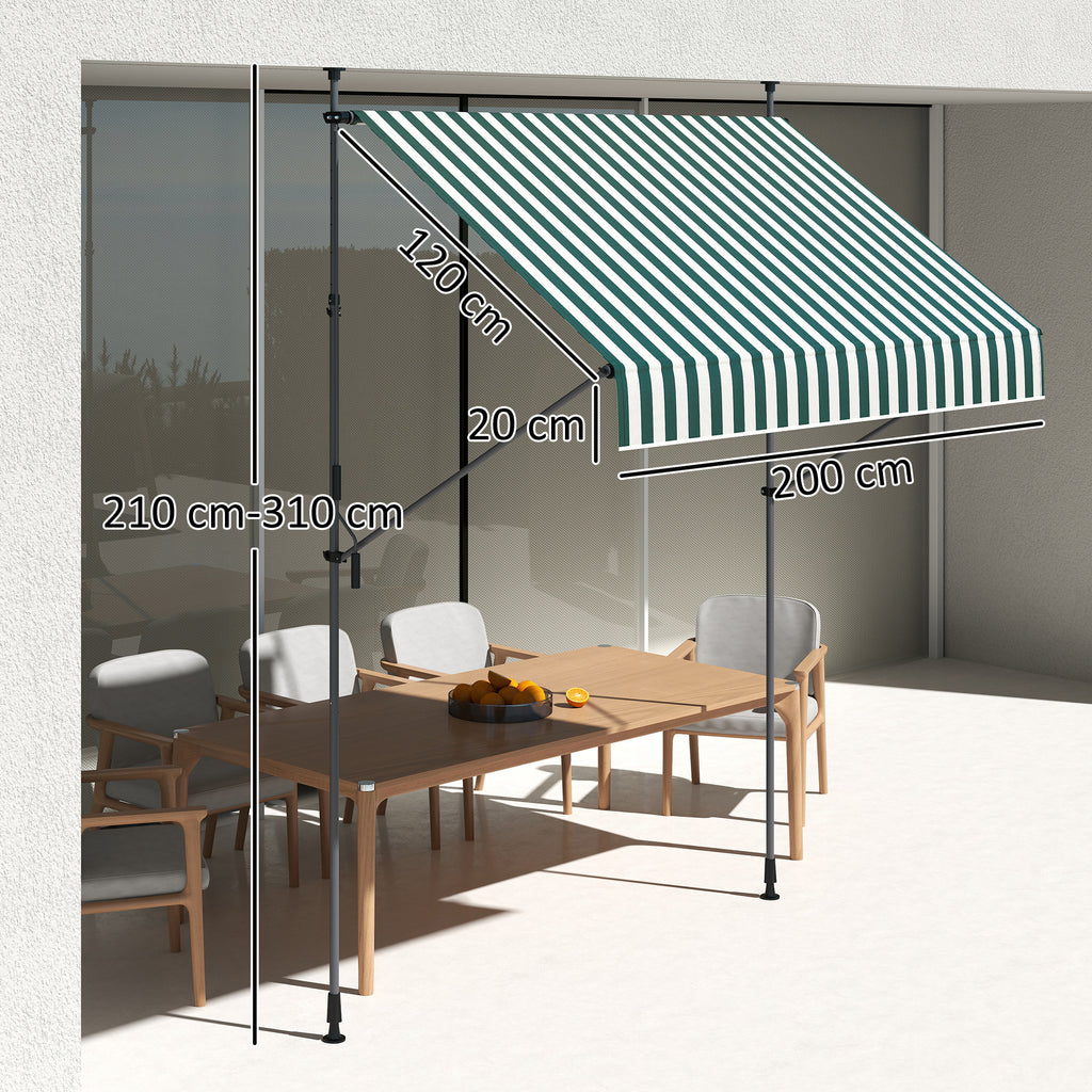 Awning 2x1.2 m with Adjustable Supports and Crank, in Aluminium, Metal and Polyester, Green and White
