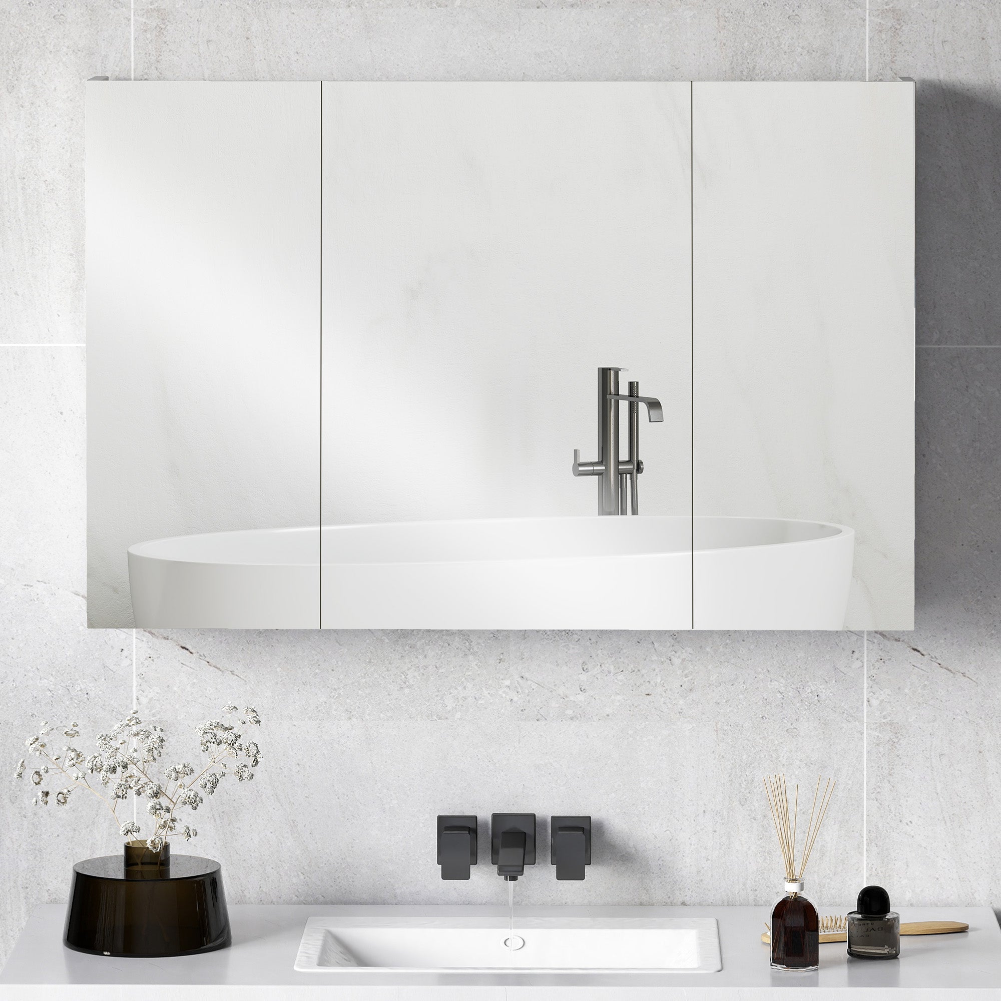 kleankin Bathroom Wall Cabinet with 3 Mirrored Doors and Adjustable Wooden Shelves 90x13.5x60 cm, White