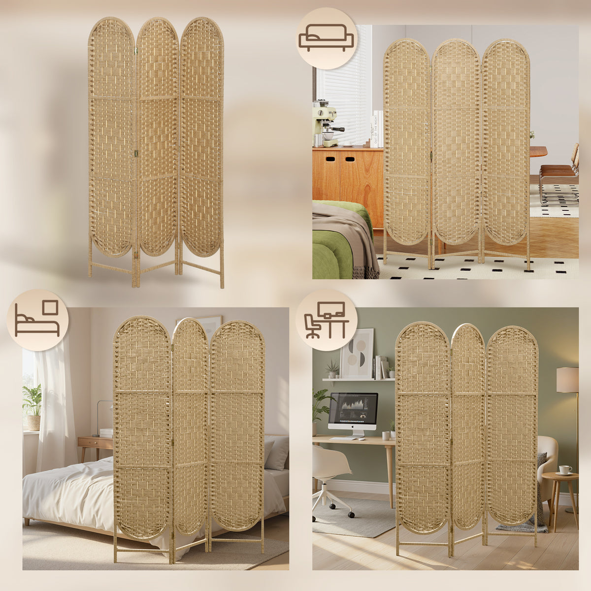 HOMCOM 3-Panel Folding Room Divider, 120x170 cm, Bohemian Style, Made of Paper and Pine Wood, Wood Color