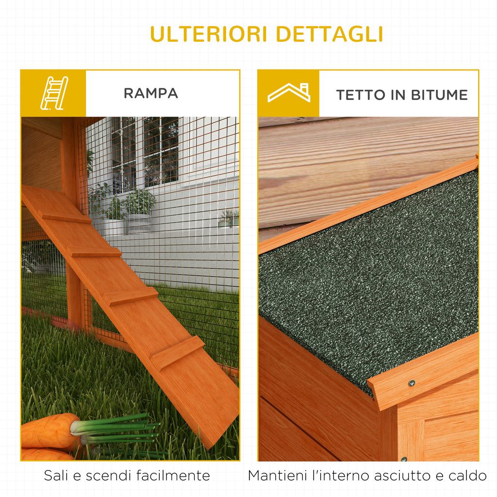 PawHut 2-Storey Outdoor Hutch in Fir Wood and Metal Wire, 150x45x85 cm, Orange - Borgè