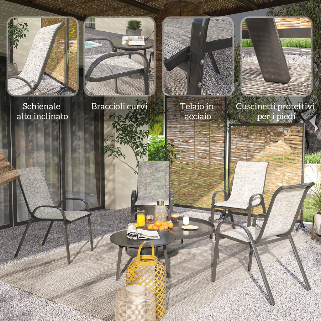 Outsunny Set of 4 Stackable Garden Chairs with Curved Armrests, in Steel and Breathable Fabric, 54x71x93 cm, Grey