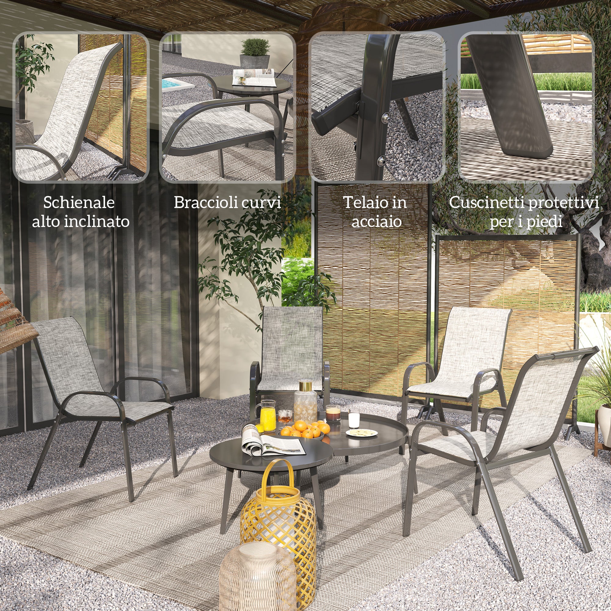 Outsunny Set of 4 Stackable Garden Chairs with Curved Armrests, in Steel and Breathable Fabric, 54x71x93 cm, Grey