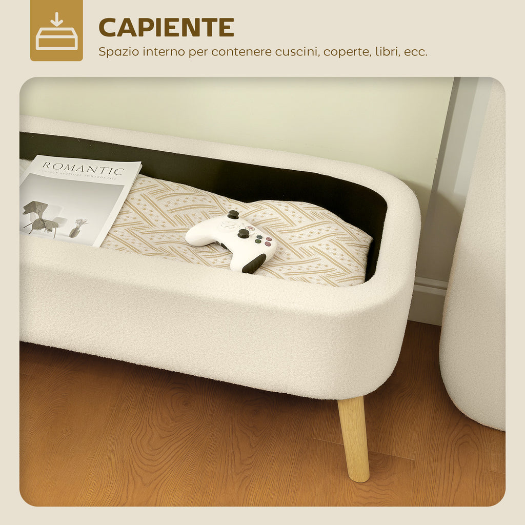 65L Storage Bench in Teddy Fabric and Wooden Legs, 120x42x45 cm, Beige