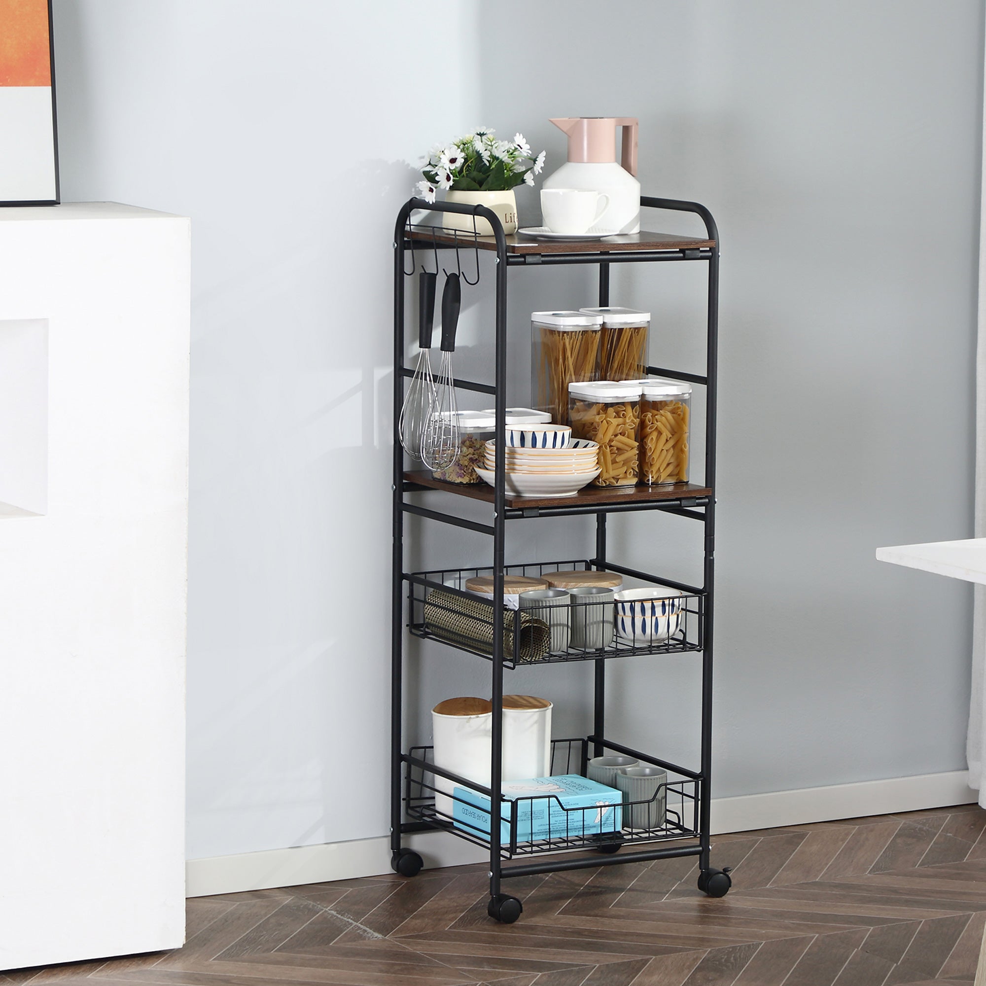 Kitchen trolley with 2 removable metal baskets, 2 chipboard shelves and side hooks, 40x38x111cm - Borgè