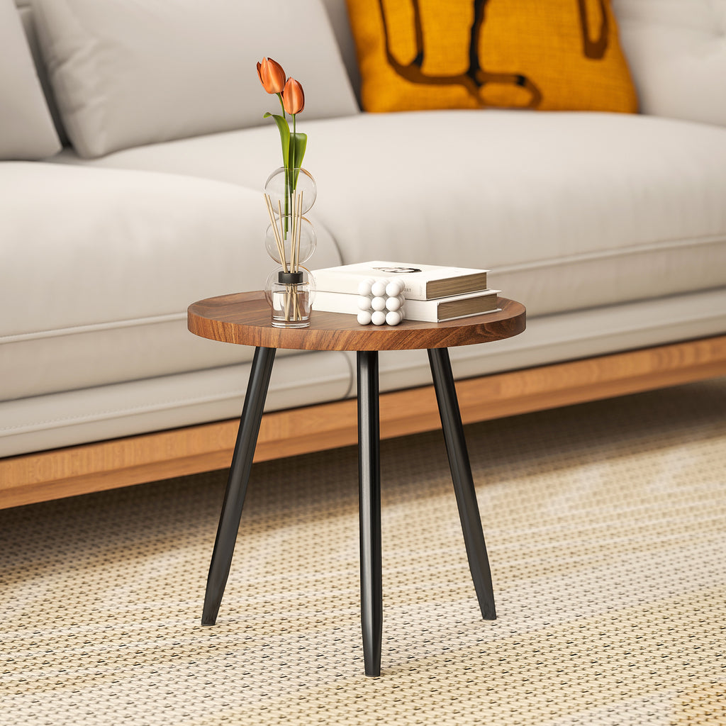 Round Coffee Table with Raised Edge and 3 Legs, in Wood and Steel, Ø40x39 cm, Black and Wood Color