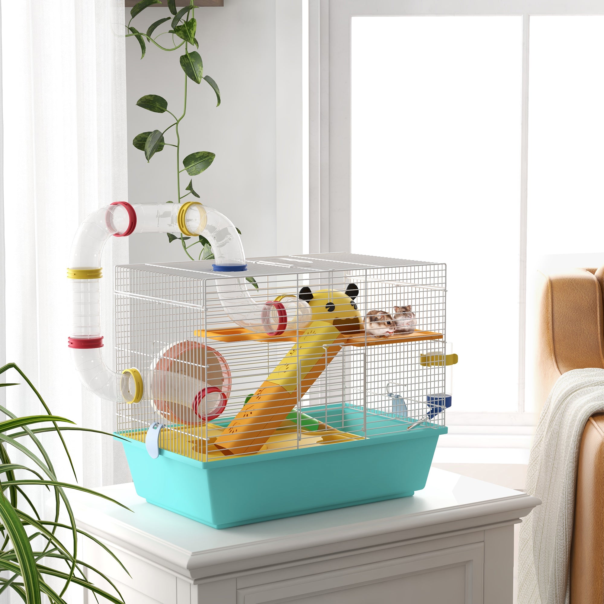PawHut Hamster Cage with Wheel, House, Bowl, Ramps and Tank, in Steel, PS and PP, 45x28x37 cm, White and Blue