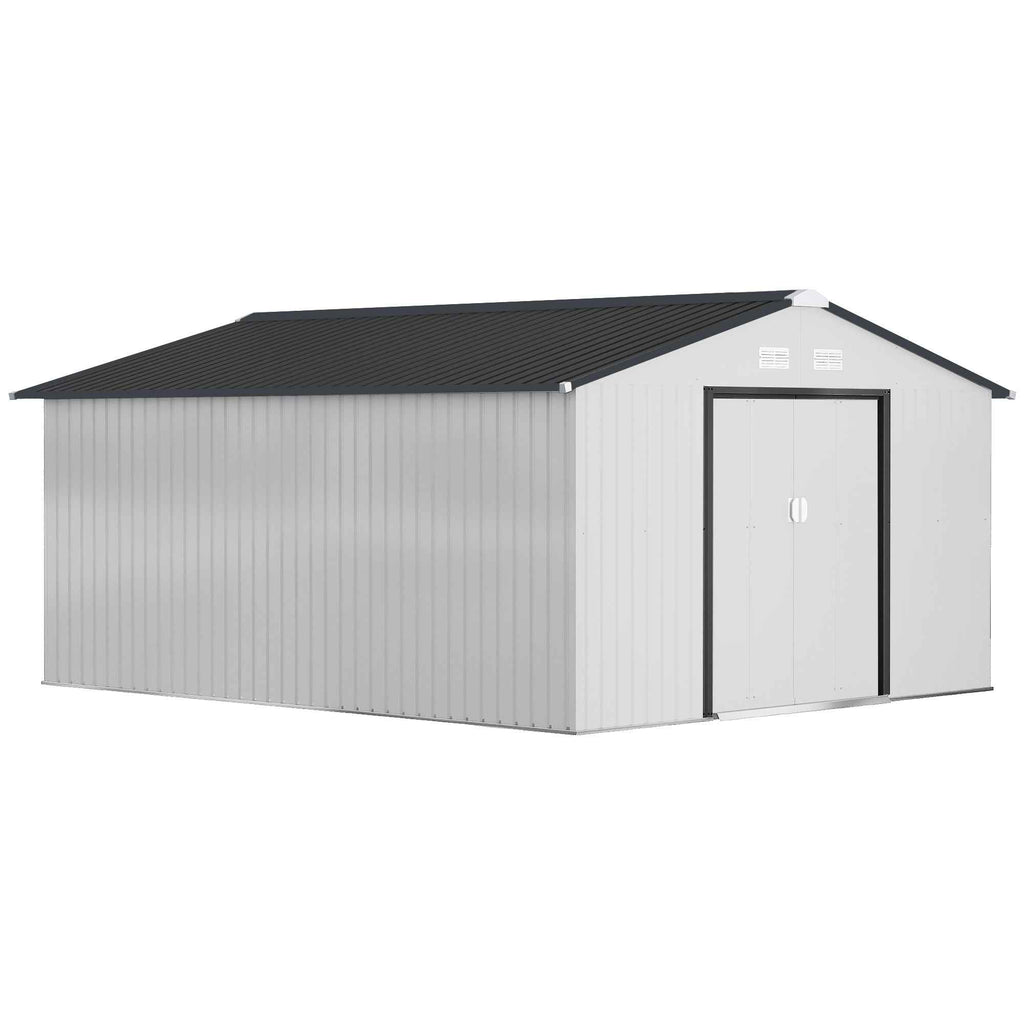 Outsunny 3.4x3.8x2 m Steel Garden Shed with Double Sliding Door and Pitched Roof, Silver